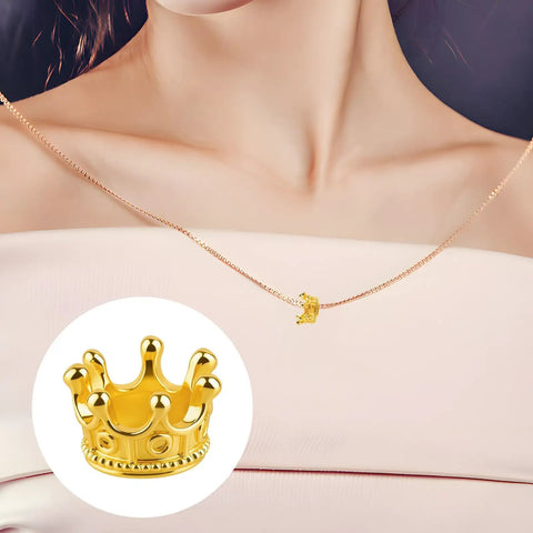 Gold Mini Crown Charms For DIY Jewelry Making 100Pcs Tiny King Crown Beads on necklace, with detailed close-up inset