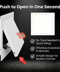 Built Tough Heavy Duty Ceiling Access Panel With Secure Magnetic Push Latch For Drywall Basements And Attics shown in open position for easy access.