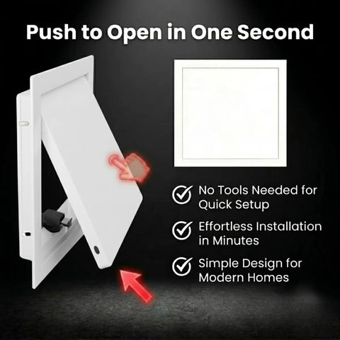 Built Tough Heavy Duty Ceiling Access Panel With Secure Magnetic Push Latch For Drywall Basements And Attics shown in open position for easy access.