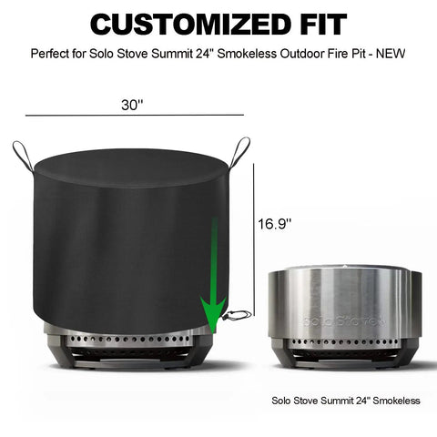 Heavy Duty Water Resistant Fire Pit Cover For Summit 24 Inch Solo Stove showing custom fit and size comparison with stove