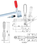 Beefy Vertical Toggle Clamp With Lengthened Arm, Rock Solid High Strength Metal Fastening Fixture For Industrial Workholding And Special Clamping Applications, Bright Finish with technical diagram and extended arm