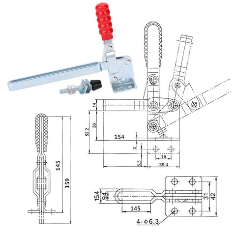 Toggle Clamp Latch For Heavy Duty Workholding, Rugged Fixture Fastening Clamp With Lengthened Operating Arm, Ideal For Industrial Applications And Special Scene Setups, with red grip and technical diagram.