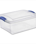 Four Pack 15 Quart Storage Bins With Hella Sturdy Snap Tops And Crystal Clear Lids Stackable Plastic Totes For Closet Shelf Sorting And Dorm Room Chill Mode, clear plastic storage bin with blue snap tops.