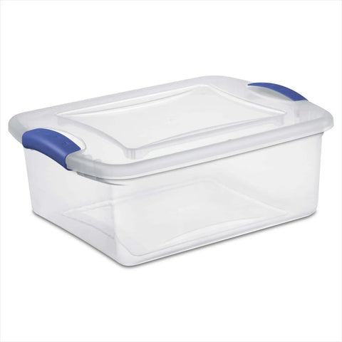 Four Pack 15 Quart Storage Bins With Hella Sturdy Snap Tops And Crystal Clear Lids Stackable Plastic Totes For Closet Shelf Sorting And Dorm Room Chill Mode, clear plastic storage bin with blue snap tops.