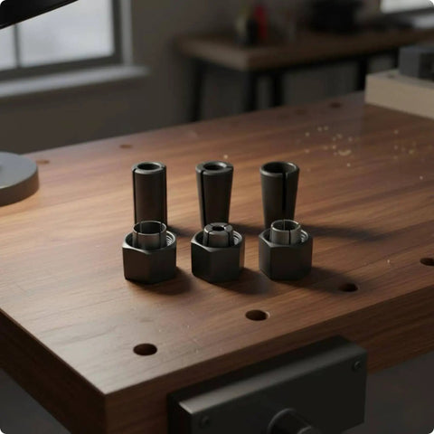 Badass Socket Wrench Assembly Collet Set With Matched Hex Nut Pairs on wooden workbench for precision metalworking tasks.