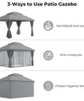 Three views of Outdoor Gazebo 10 By 13 Ft With Double Roof And Mosquito Netting, showing ventilation, mosquito protection, and sunshade.