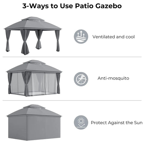Three views of Outdoor Gazebo 10 By 13 Ft With Double Roof And Mosquito Netting, showing ventilation, mosquito protection, and sunshade.