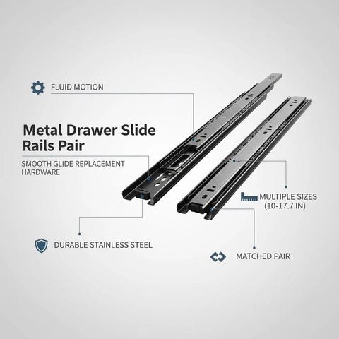 Rugged Metal Drawer Slides Twin Pack For Smooth Cabinet And Furniture Glide in black stainless steel, shown with features.