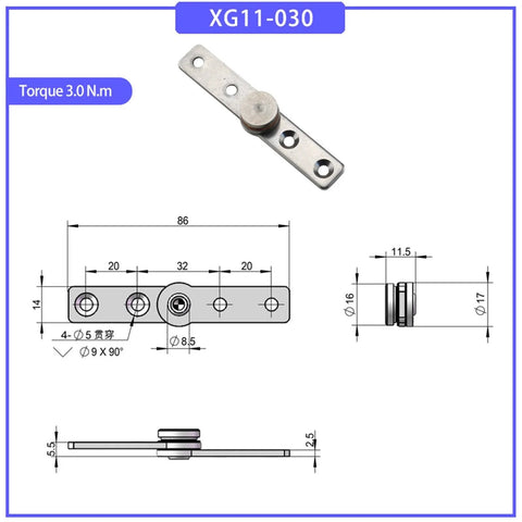 Isometric view: stainless steel damping torque hinge with mounting plate and four screw holes; 3.0 N·m torque (XG11-030).