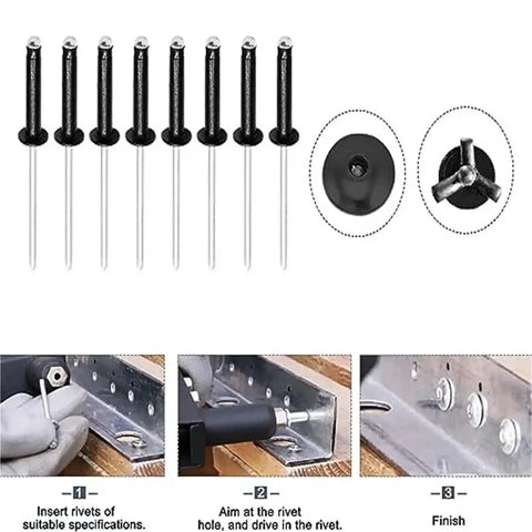 500 Piece Aluminum Blind Rivets With Large Flange Head Black Steel Finish Heavy Duty Vibration Resistant Fasteners For Quick Metal And Wood Bonding Works With Manual Or Pneumatic Riveters, M2.4x6 mm