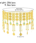 Shimmering Gold Multilayer Coin Waist Chain For Women Bohemian Beach Belly Dance Body Chain with turquoise accents.
