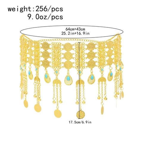 Shimmering Gold Multilayer Coin Waist Chain For Women Bohemian Beach Belly Dance Body Chain with turquoise accents.