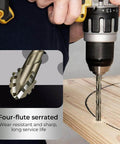 Six-piece four-flute sawtooth eccentric twist drill bit set with hex shanks for concrete, tile, wood, and metal.