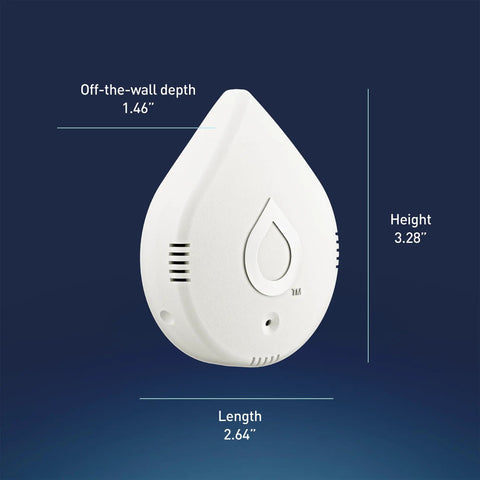 Flo Smart Water Leak Detector 3 Pack with size dimensions, side view of white sensor for basement, laundry, tank monitoring.