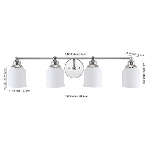 Dope Chrome Modern Farmhouse LED Vanity Light Wall Sconce With Frosted White Glass Shade Dimmable Bath Vanity Fixture For Mirror And Sink Energy Efficient LED Bulbs Included UL Listed Easy Install shown front view with dimensions