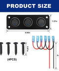 Three Gang Rugged Rocker Toggle Switch Panel With DC 12V 20A Waterproof Blue LED Round Switches, dimensions and screws shown