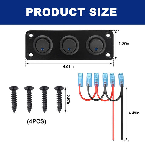 Three Gang Rugged Rocker Toggle Switch Panel With DC 12V 20A Waterproof Blue LED Round Switches, dimensions and screws shown