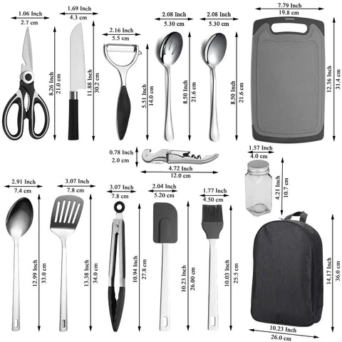 All In One Outdoor Camp Kitchen Gear, 15 Piece Camping Cookware And Utensil Set with measurements