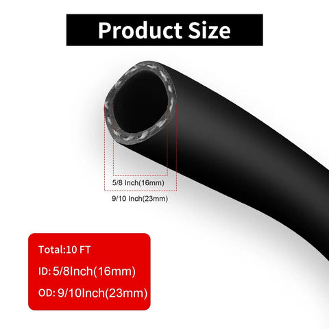 Five Eighth Inch Heater Hose Built Heavy Duty 10 Foot EPDM Radiator Coolant Line showing dimensions of 5/8 inch ID and 9/10 inch OD