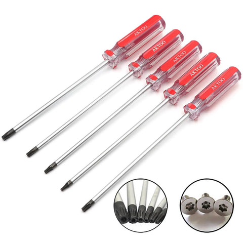 Built Dang Tough T15 T20 T25 T27 T30 Security Torx Screwdriver Set With Magnetic Star Bits For Laptop Repair Auto Jobs And Household Tasks Hella Durable Chrome Vanadium Steel Five Piece Pack, image of five secure torx screwdrivers.