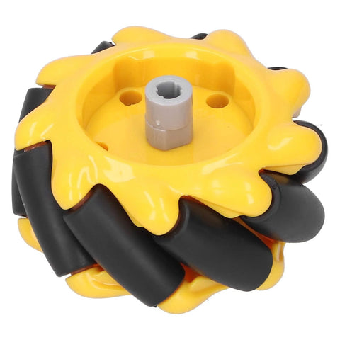 Yellow and black 60mm Mecanum wheel for smart robot car mecanum wheels, featuring multi-directional movement and rubber grip.