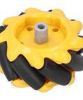 Mecanum wheel, yellow and black 60mm with grey center hub for DIY omnidirectional robot close-up