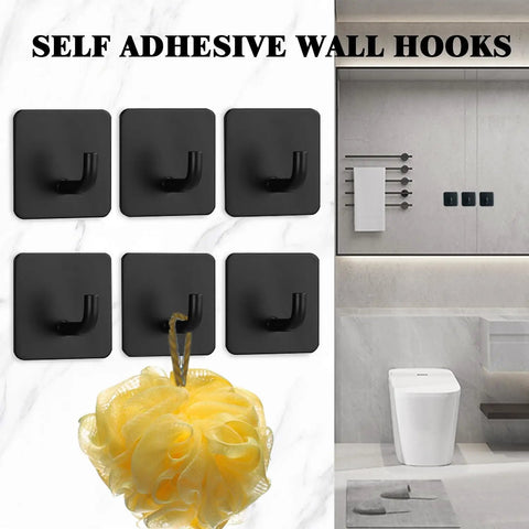 Heavy Duty Adhesive Wall Hooks For Hanging Towels Robes Keys And Clothes In Black 6 Pack Ideal For Bathroom Kitchen Storage No Drilling Mount With Sticky Backing