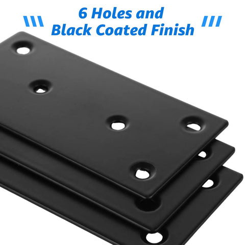 30 Pack 4x2 Inch Black Flat Mending Plates For Wood Repair Heavy Duty Stainless Steel Furniture Joint Connectors Includes Hardware showing 6 drilled holes.