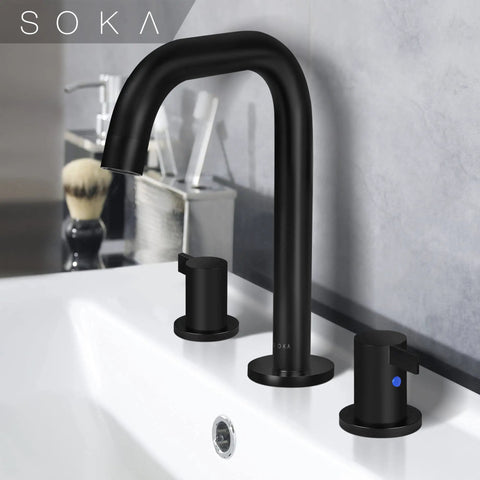 Matte Black Widespread Bathroom Faucet With Two Handles, Three Piece Vanity Lavatory Set shown over white sink