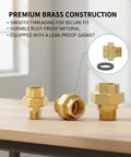 Two Pack Brass Union Fittings 1 Inch NPT Male To 1 Inch NPT Female Pipe Connector Heavy Duty Corrosion Resistant Brass displayed on table