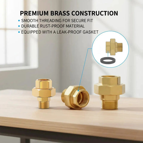Two Pack Brass Union Fittings 1 Inch NPT Male To 1 Inch NPT Female Pipe Connector Heavy Duty Corrosion Resistant Brass displayed on table