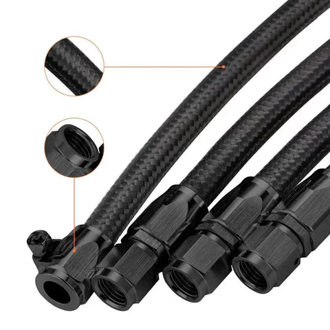 Close-up of Braided Nylon And Stainless Steel Steam Vent Hose Kit For LS Engine Family LS1 LS2 LS6 LSX LM7 showing hose connectors