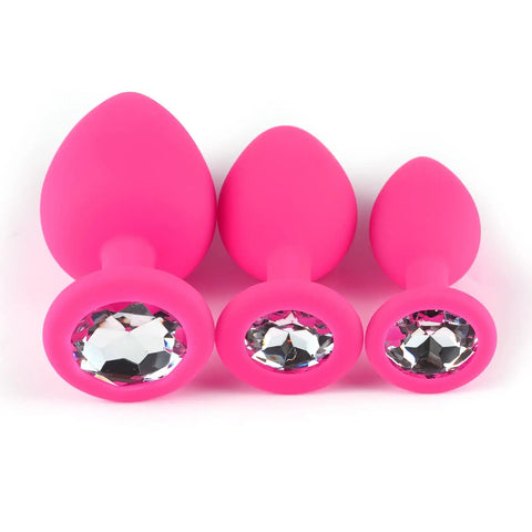 3 Piece Silicone Jeweled Anal Butt Plug Set With 3 Sizes Beginner Anal Trainer Kit For Men And Women Pink Smooth Comfort Fit