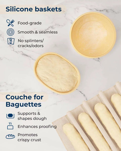 All-In-One Sourdough Starter Kit With Silicone Proofing Baskets And Jar, 9-Inch Round And 10-Inch Oval Banneton Baskets