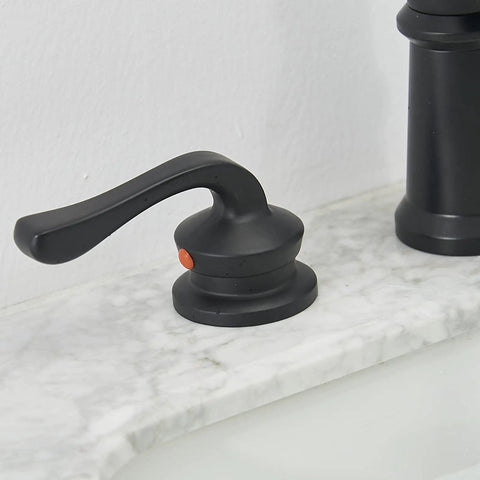 Close-up of left lever handle on Black Waterfall Bathroom Faucet With 8 Inch Widespread Arc, Dual Lever Handles.