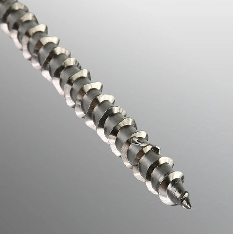 Close-up of Badass Premium 14 X 5 Inch Type 316 Marine Grade Stainless Steel Wood Screws T27 Flat Head showing thread details.