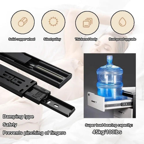 Soft Close Drawer Slides For Cabinets And Furniture, 6 To 40 Inch Length, Black side mount with ball bearing and copper core dampers