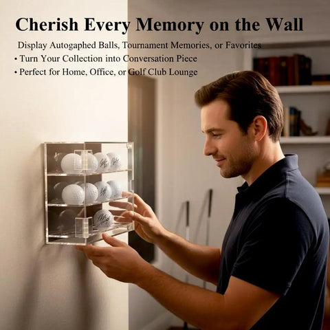 Man mounting 3 Tier Acrylic Golf Ball Display Case With 12 Compartments on wall, showcasing golf ball collection.