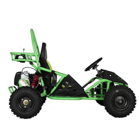 Side view of gas powered go kart with pull start, 49cc 4 stroke engine, rear disc brake, 6 inch wheels, green finish, durable frame