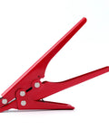 Red zip tie tool for easy tensioning and cutting nylon cable ties up to 0.37 inches, heavy duty metal tensioner, side view