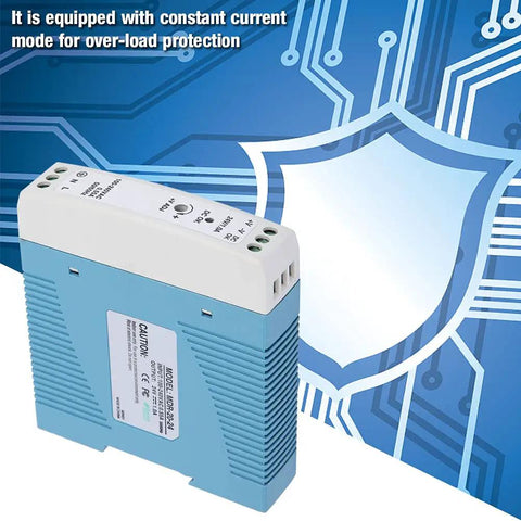 DIN Rail Power Supply 24W 24V 1A Industrial Grade With Full Range 85-264VAC Input For Automation Control Systems Durable Rugged Overload Protected And Plug And Play Mounting, blue metal unit