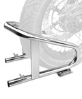 Heavy Duty Motorcycle Wheel Chock Stand Fits 5.5 Inch Wide Tires Portable Removable Chock For Trailer And Garage Silver One Pack Easy Mount For Home Garage Or On The Go, chrome-plated steel visible with tire