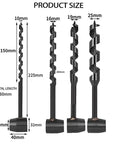 4 Pcs Hand Auger Wood Drill Set With Scotch Eye Wrench, showing 10mm to 25mm sizes and dimensions for outdoor use.