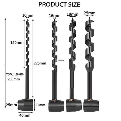 4 Pcs Hand Auger Wood Drill Set With Scotch Eye Wrench, showing 10mm to 25mm sizes and dimensions for outdoor use.