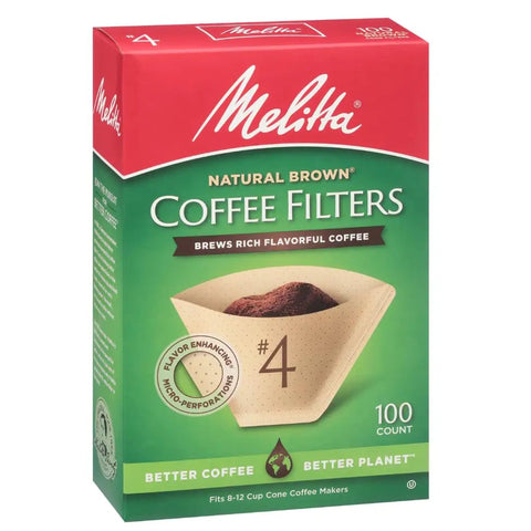 Box of natural brown coffee filters with flavor enhancing microfine perforations for 8-12 cup makers, 100 count.