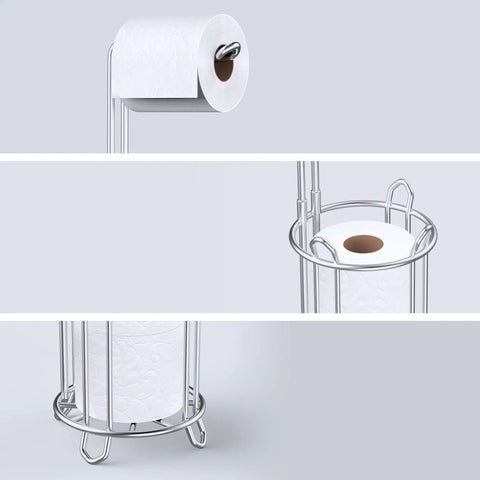 Toilet Paper Holder Stand And Tissue Roll Dispenser For Four Mega Rolls Freestanding Bathroom Storage Rack with wire design