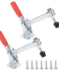 Heavy Duty 2 Pack Vertical Toggle Clamps with red comfort grip handles for secure clamping in welding and drilling tasks.