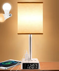 All In One Bedside Lamp With 4 USB Ports And AC Outlets, Alarm Clock Base, Six Foot Extension Cord, Square Oatmeal Fabric Lampshade