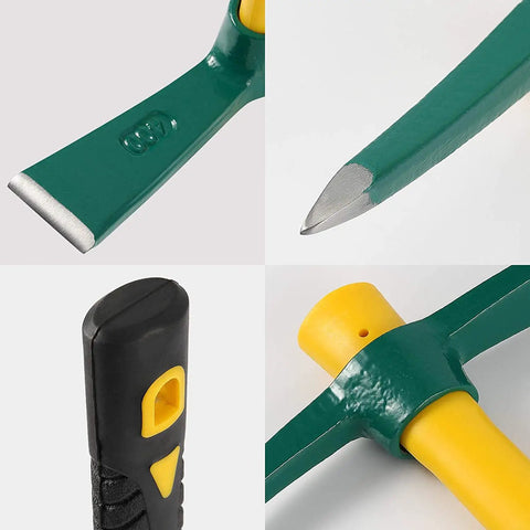 Close-up details of 15 Inch Pick Mattock Hoe With Forged Adze Head And Plastic Coated Fiberglass Handle One And A Half Pound Beast Weeding Tool
