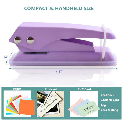 Purple heavy duty quarter inch hole puncher for paper and crafts, handheld single hole punch, lever action, see-through chip catcher